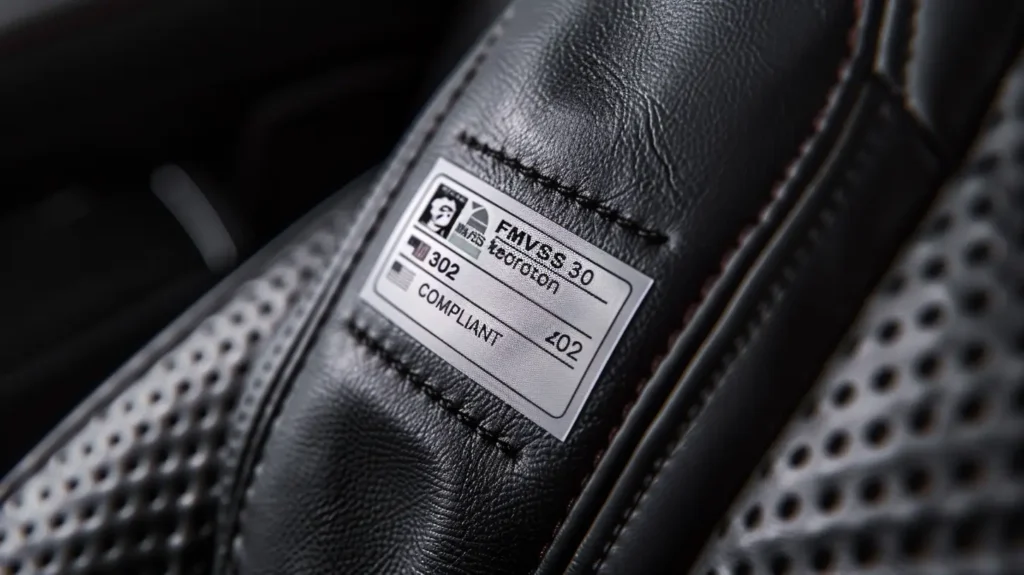 Schwarze Fahrzeugsitzlehne mit silbernem FMVSS-Typenschild – Acetatseide-Etiketten Automobil