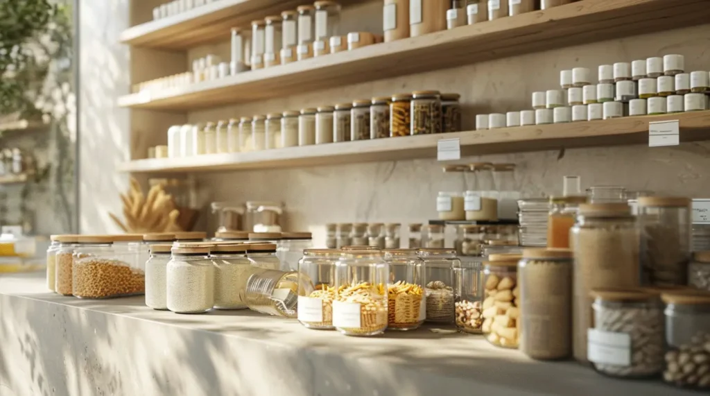 Glasgefäße mit Cerealien und Gewürzen auf hellem Holzregal – Etiketten Lebensmittel