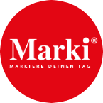 Logo Marki Markiere deinen Tag in Weiß auf rotem Kreis-Hintergrund