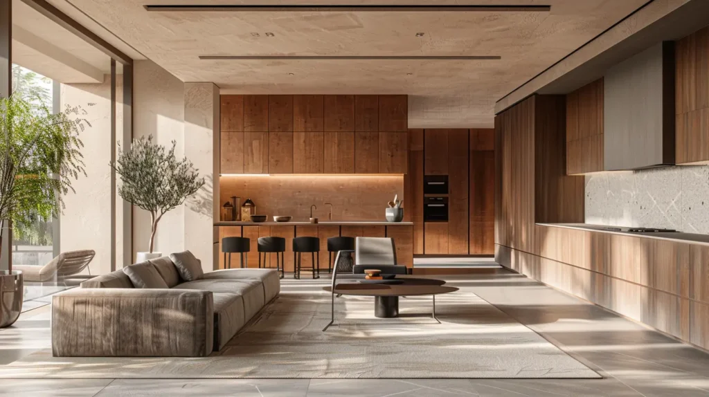 Modernes Wohnzimmer mit Holzküche und offenem Grundriss – Etiketten Möbelindustrie Küchen