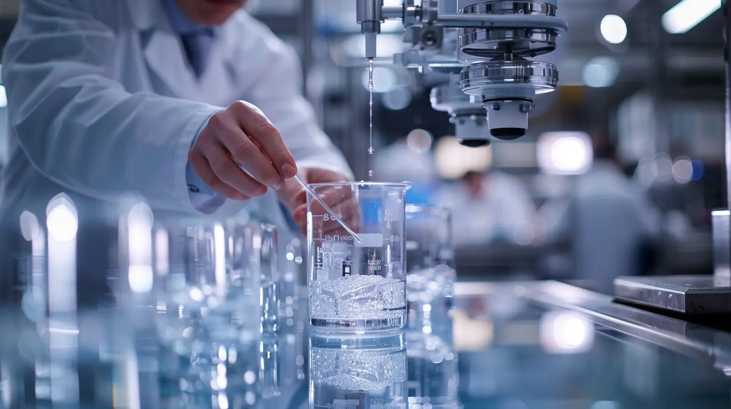 Labortechniker prüft Etikettenbeständigkeit auf Glasgefäß mit Chemikalien im Weißkittel