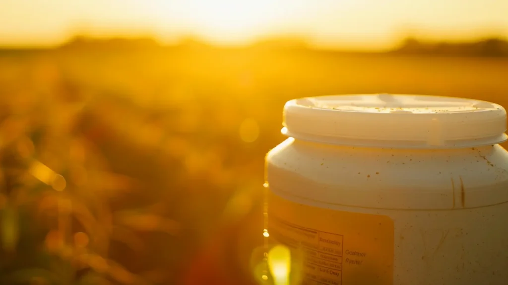 Weißer Pestizidkanister mit Etikett auf Getreidefeld bei Sonnenuntergang – Agrarwirtschaft