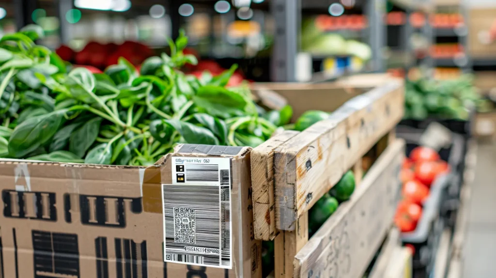 Holzkiste mit frischem Gemüse und Barcode-QR-Code-Etikett im Supermarkt – Agrarwirtschaft-Etiketten