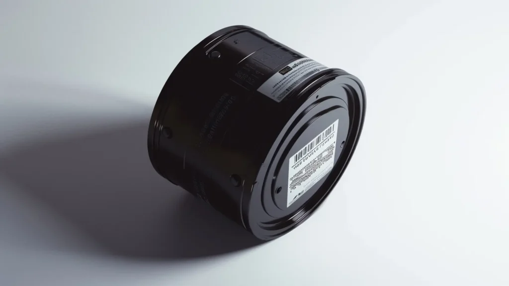 Schwarzer Industrie-Filterbehälter mit rundem Aluminium-Typenschild und Barcode – Metalletiketten