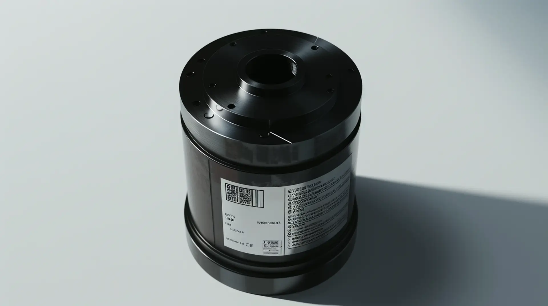Schwarzer Industrie-Zylinder mit Aluminium-Datenetikett und QR-Code auf weißem Untergrund