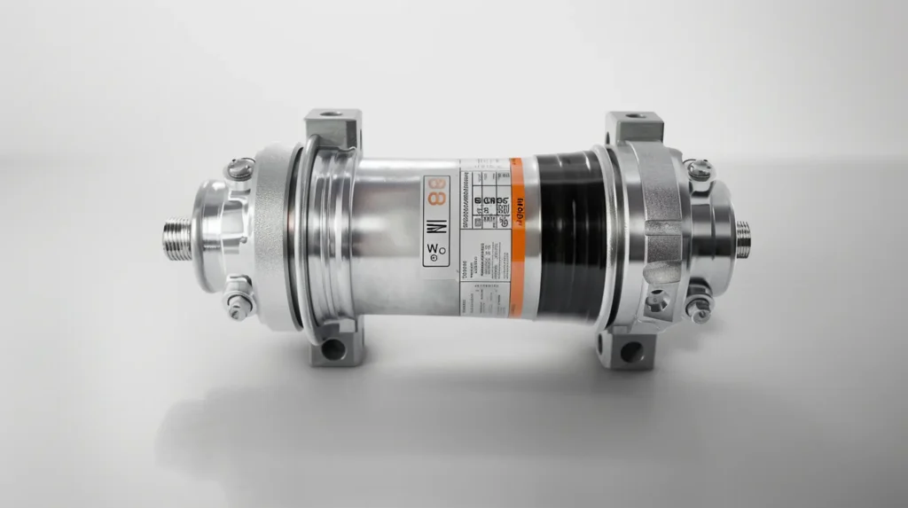 Silberner Industrie-Zylinder mit orangem Aluminium-Typenschild und CE-Kennzeichnung