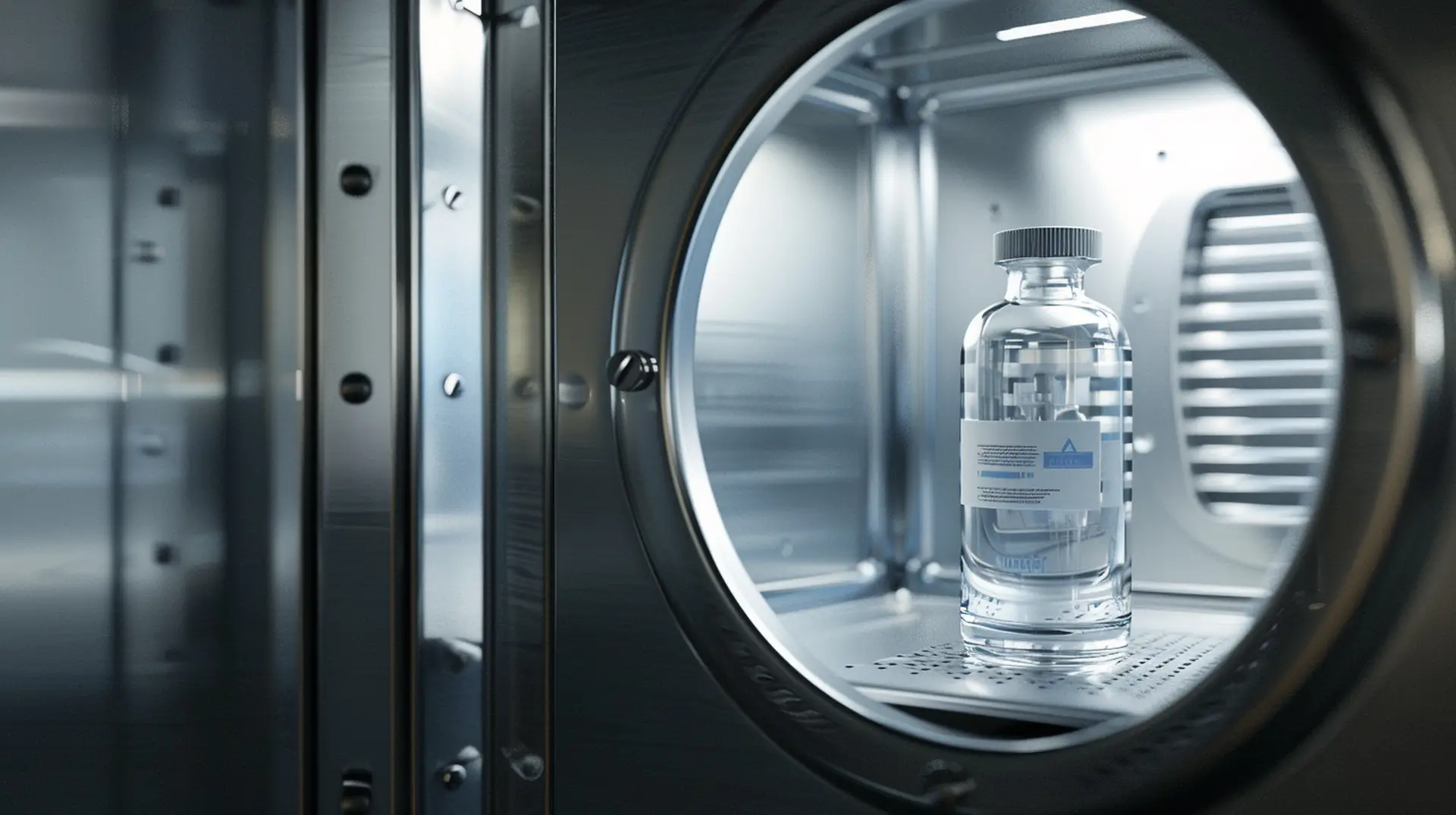 Etikettierte Glasflasche hinter Autoklav-Bullauge – autoklavierbare Etiketten für Pharma und Labor