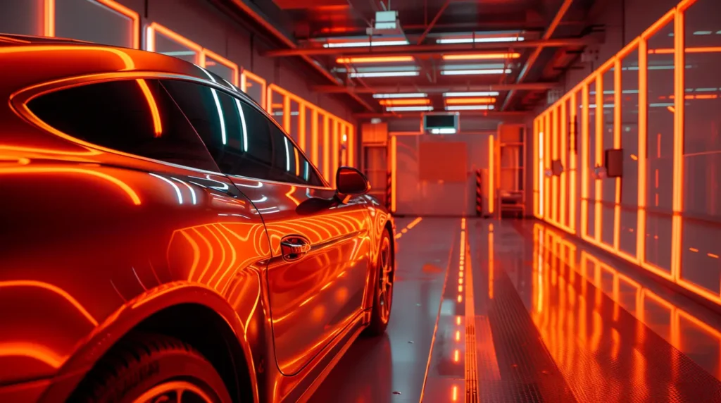 Fahrzeug in Lackierkabine mit orangem Licht vor Etikettierungsprozess