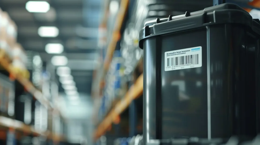 Schwarze Transportbox mit Barcode-Etikett im Lagerregal – Barcode-Etiketten für Behälterkennzeichnung