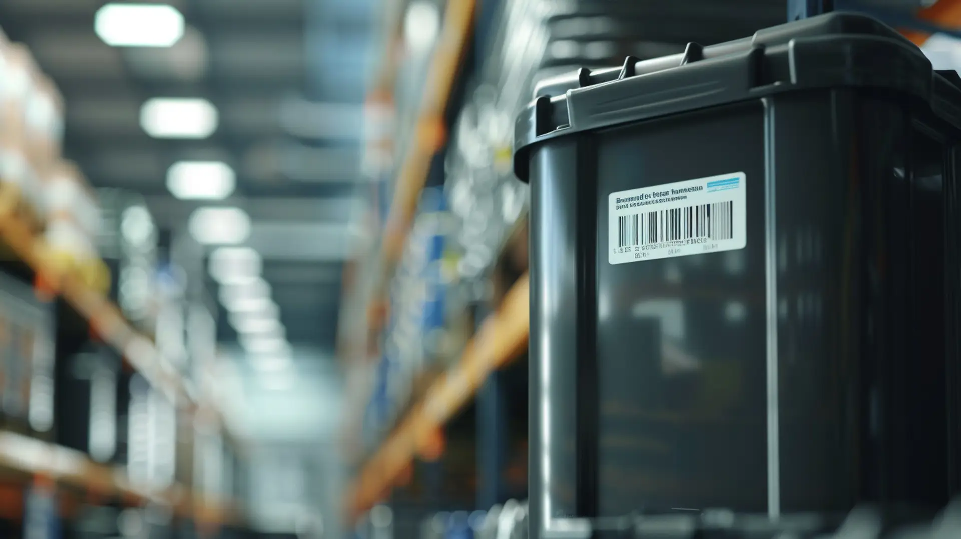 Schwarze Transportbox mit Barcode-Etikett im Lagerregal – Barcode-Etiketten für Behälterkennzeichnung