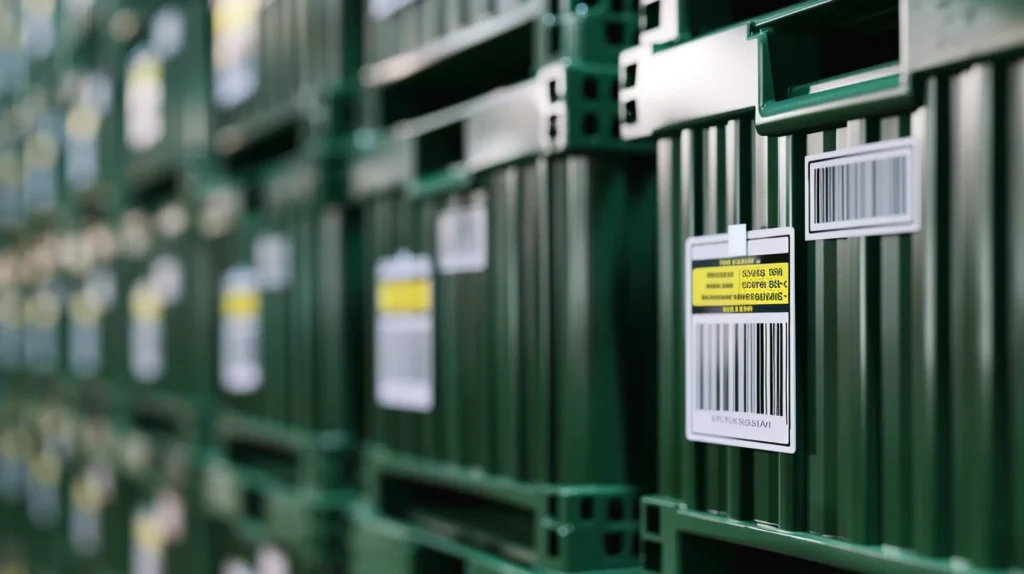 Grüne Lagerbehälter in Regal mit Barcode-Etiketten und gelber Kennzeichnung