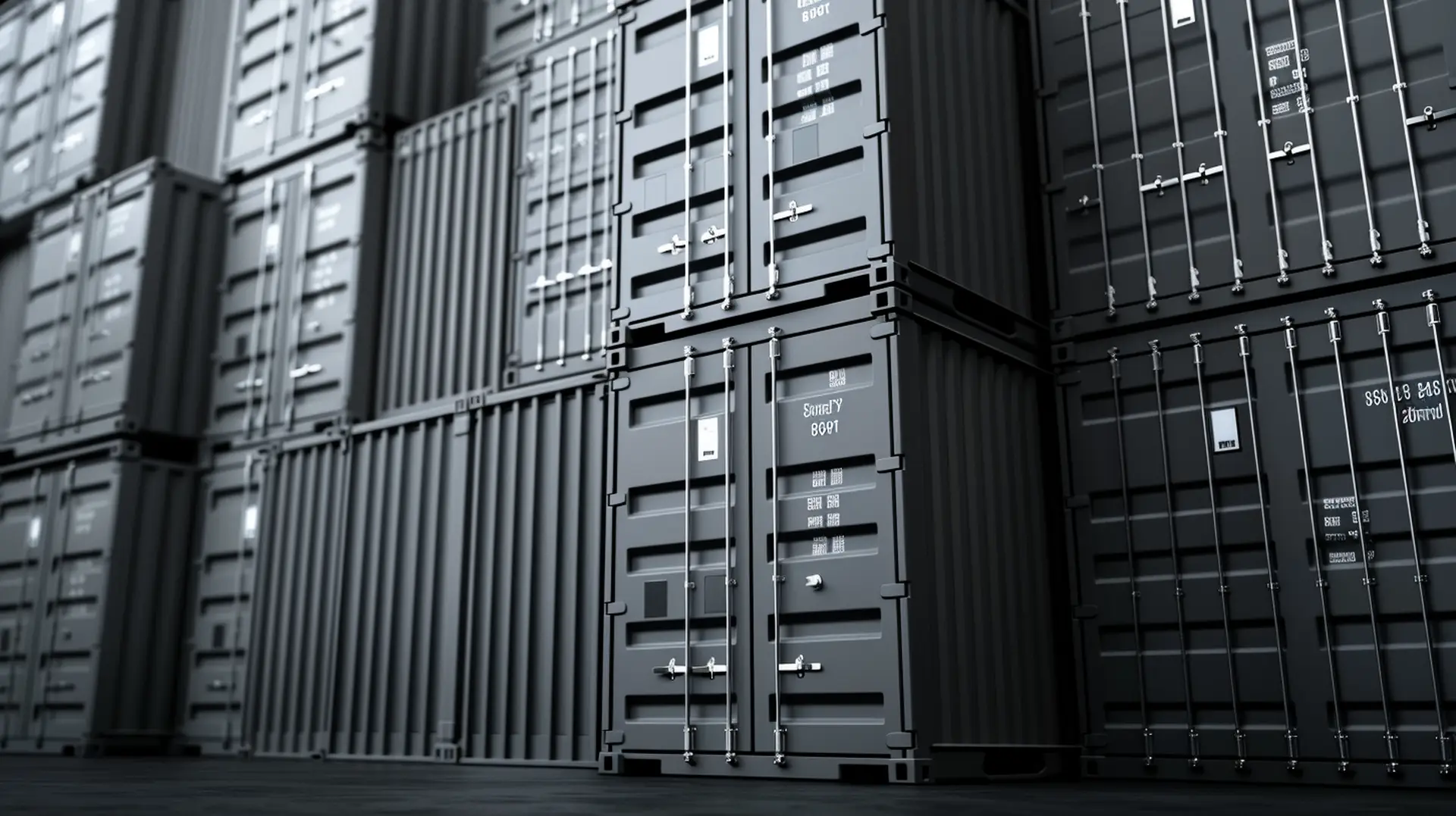Gestapelte graue Frachtcontainer mit Typenschildern – Behälterkennzeichnung Logistik
