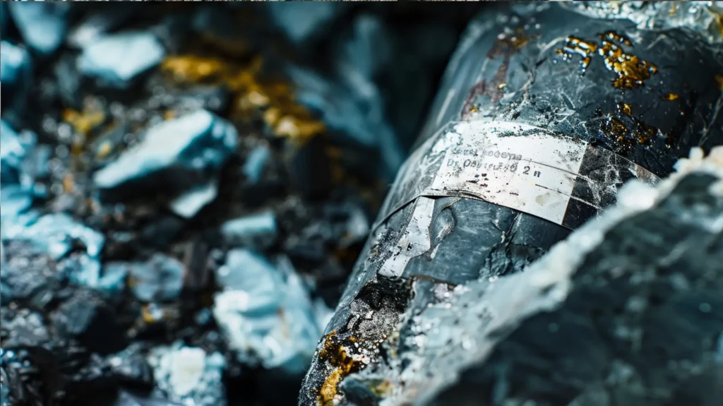 Erzgestein mit Mineralien und weißem Etikett im Bergbau – Etiketten Bergbau Rohstoffgewinnung