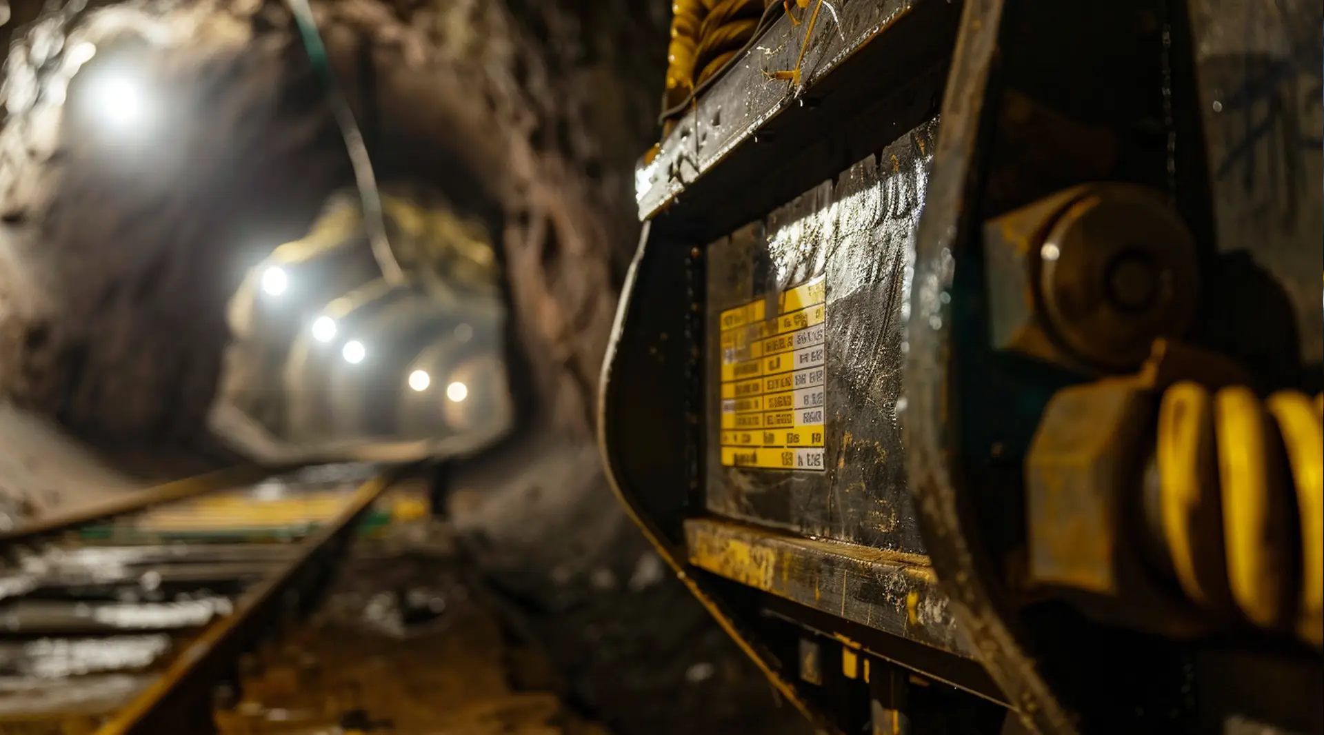 Bergwerksmaschine mit gelben Warnetiketten im beleuchteten Tunnelschacht – Etiketten Bergbau