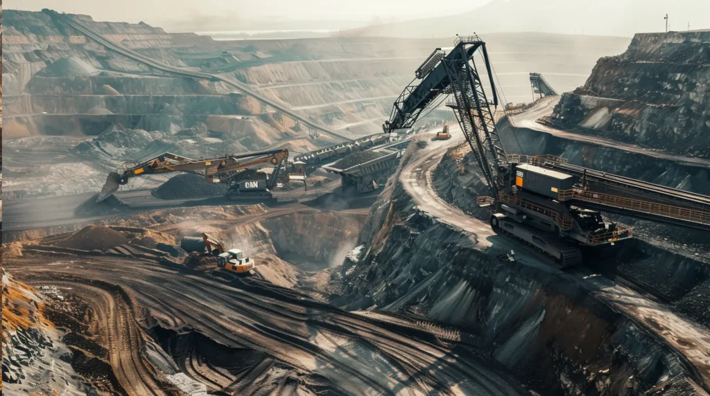 Großer Kohletagebau mit Förderbagger aus der Vogelperspektive – Etiketten für Bergbau und Rohstoffgewinnung