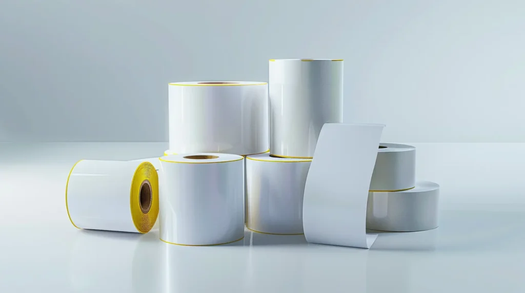 Weiße Blanko-Etiketten auf Rolle mit gelbem Rand aufgestapelt – Etiketten auf Rolle