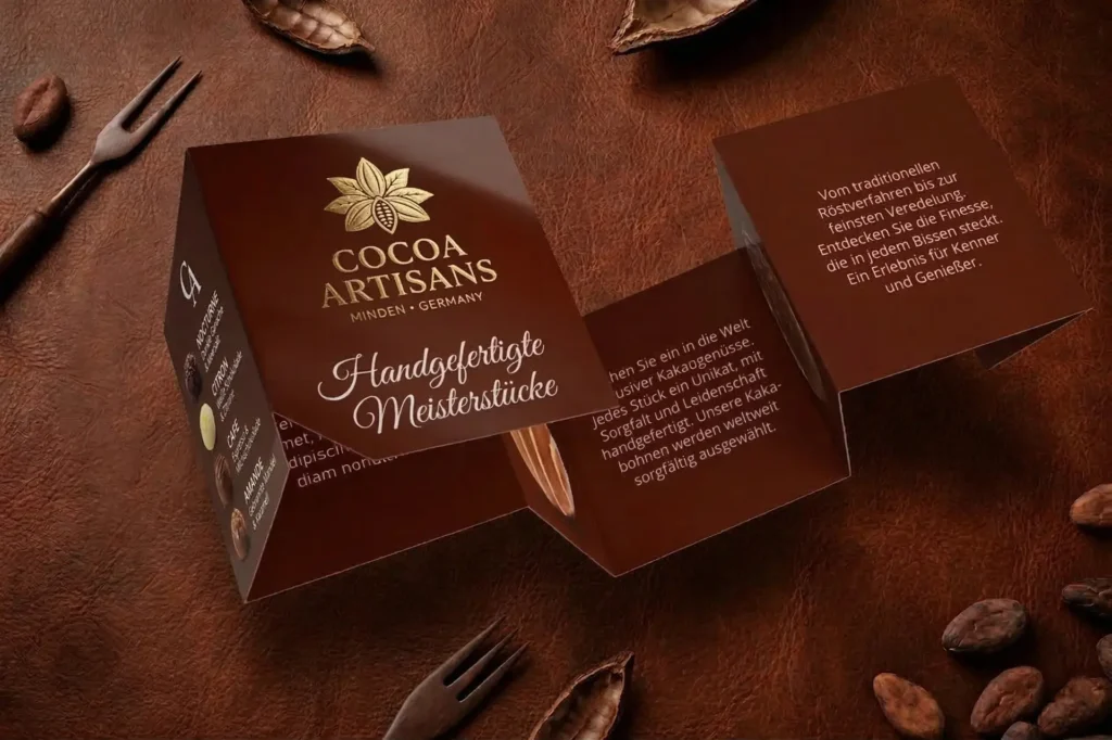 Braune Klapp-Booklet-Etiketten mit goldenem Logo auf Lederhintergrund mit Kakaobohnen