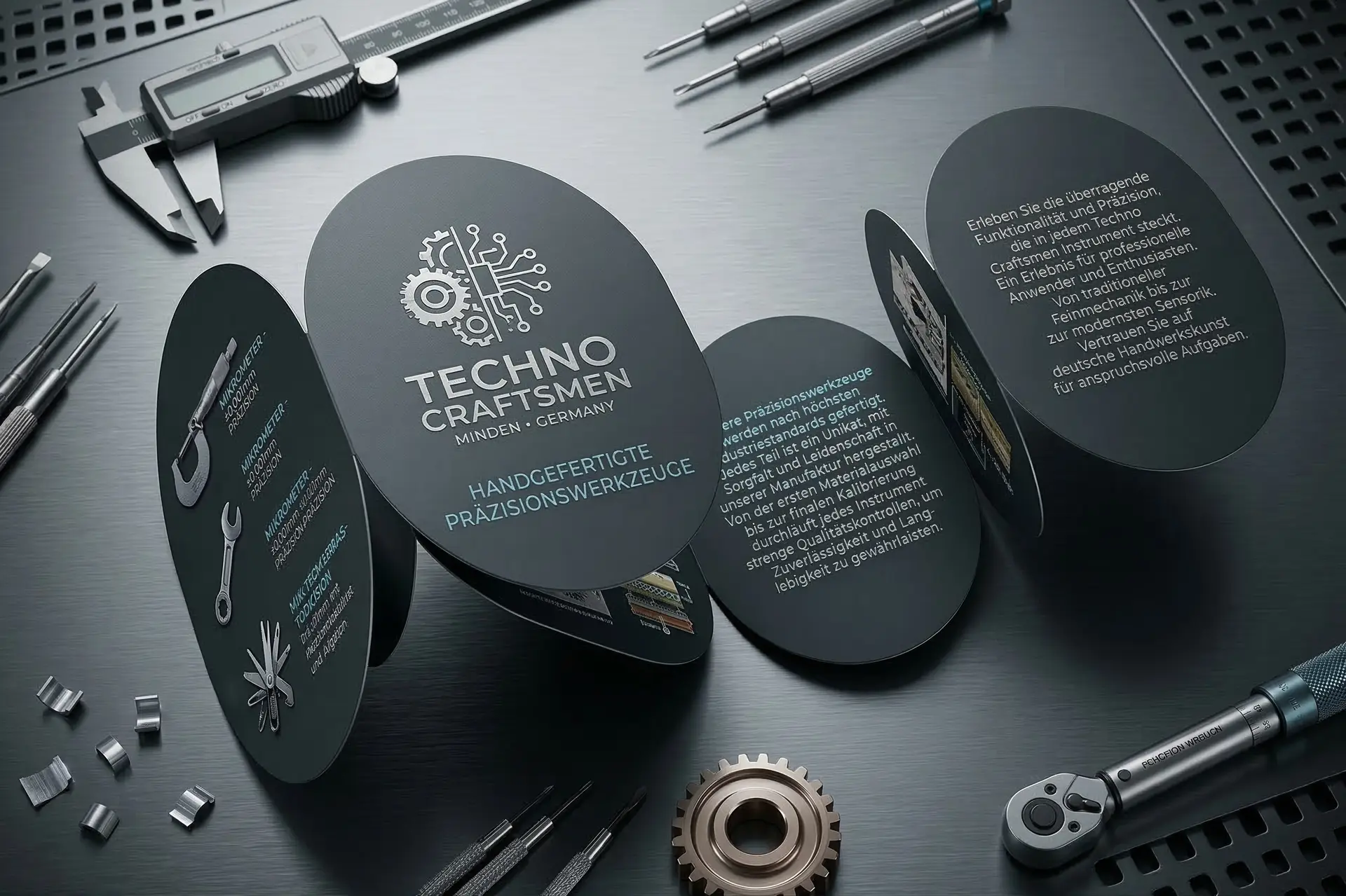 Schwarze Booklet-Etiketten mit Logo und Klappseiten auf dunklem Hintergrund mit Präzisionswerkzeug