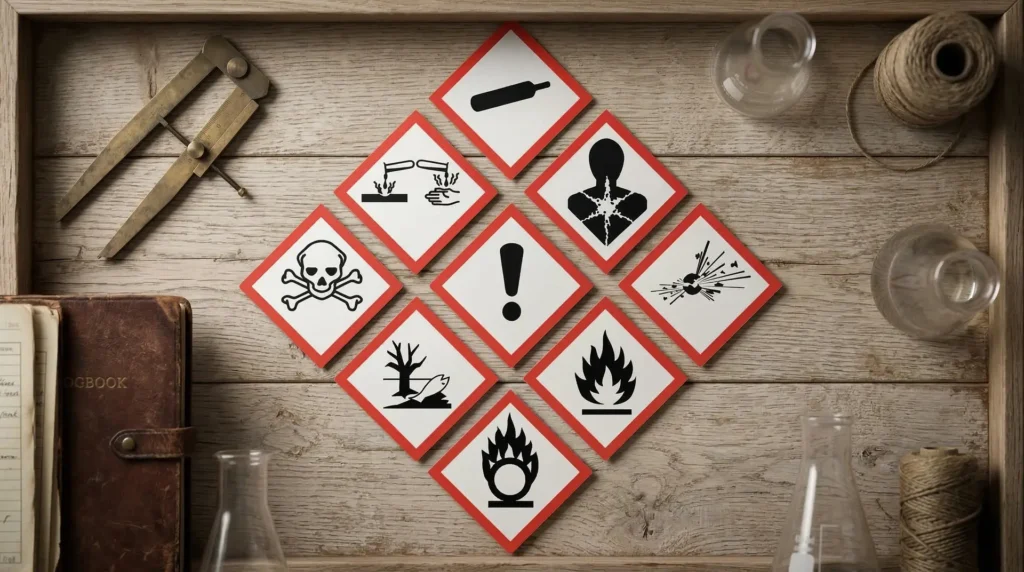 Neun GHS-Gefahrenpiktogramme mit Totenkopf, Flamme und Ausrufezeichen auf Holzuntergrund – Chemie-Etiketten