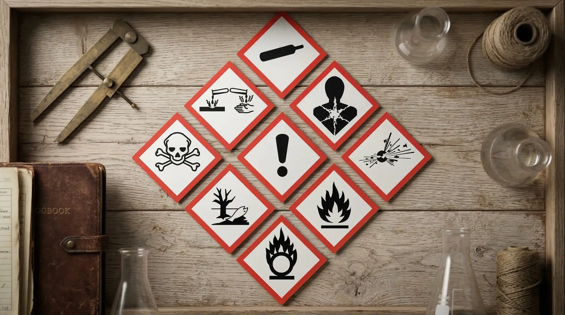 Neun GHS-Gefahrenpiktogramme mit Totenkopf, Flamme und Ausrufezeichen auf Holzuntergrund – Chemie-Etiketten