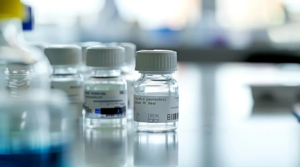 Glasfläschchen mit weißem Barcode-Etikett auf Labortisch – Etiketten chemische Industrie