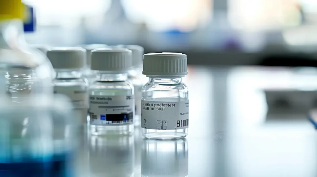 Glasfläschchen mit weißem Barcode-Etikett auf Labortisch in hellem Labor – chemische Industrie