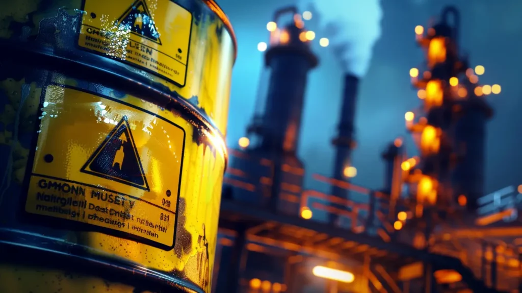 Gelbe Industrietrommel mit Warnaufkleber vor beleuchteter Raffinerie bei Nacht – chemische Industrie