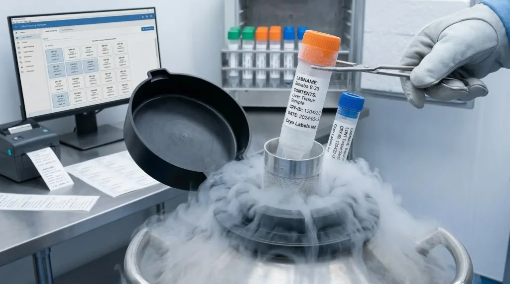 Kryoröhrchen mit Cryo-Etikett wird über Flüssigstickstofftank gehalten – Cryo-Etiketten Biobank