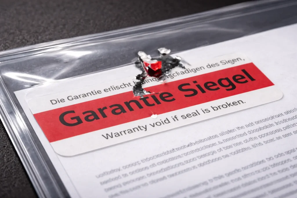 Roter Garantie-Siegel-Aufkleber auf transparenter Dokumentenfolie – Warranty void Siegel