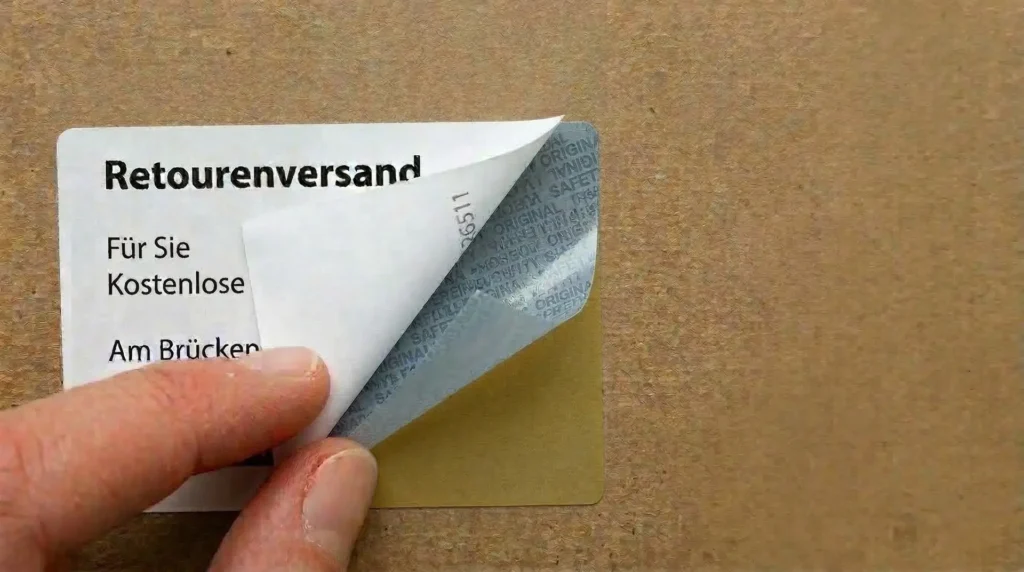 Hand löst Retourenversand-Duplex-Etikett von Karton – wiederablösbare Duplex-Etiketten Versand
