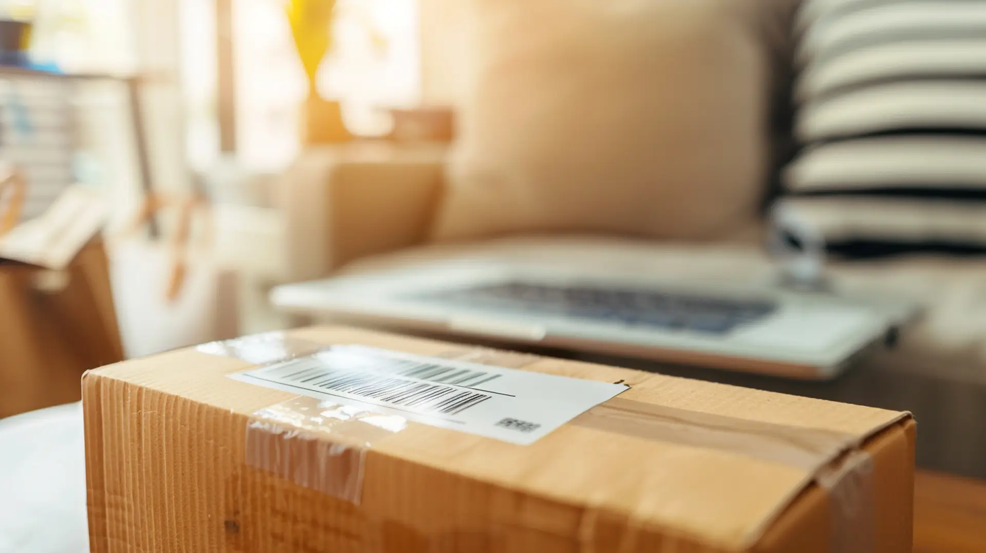 Kartonpaket mit weißem Barcode-Etikett auf Tisch vor Laptop – Etiketten E-Commerce Einzelhandel