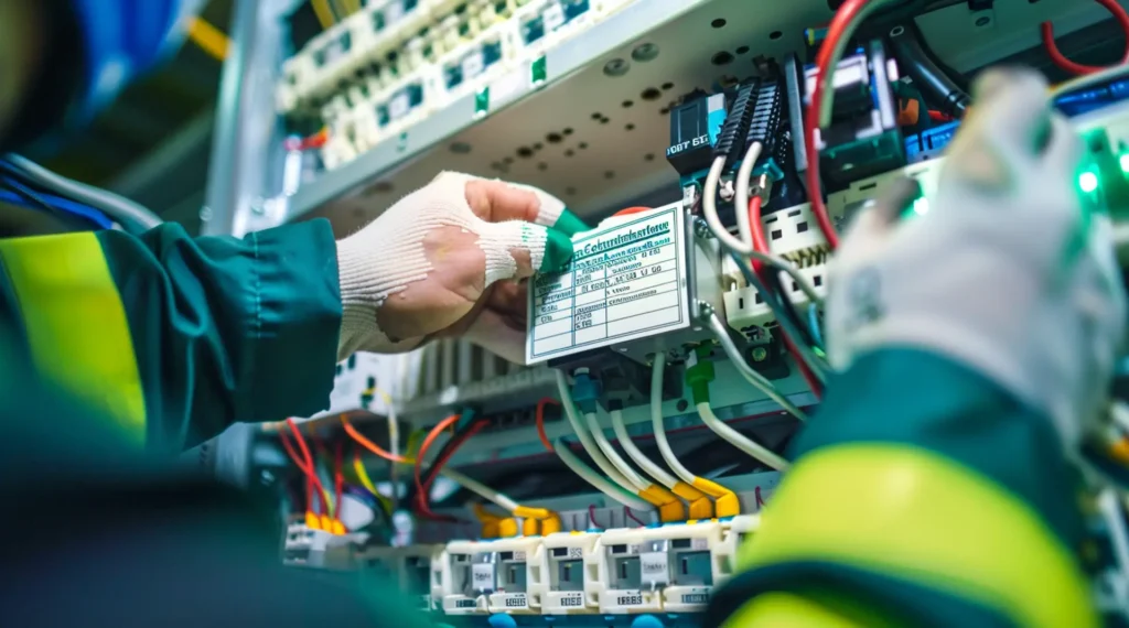 Elektriker befestigt Etikett an Sicherungskasten mit farbigem Kabelbaum – Elektrohandwerk