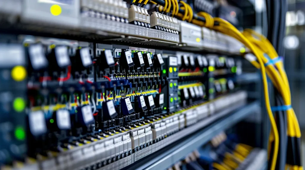 Schaltschrank mit schwarzen Klemmen und gelb-blauen Kabeln – Etiketten Elektrotechnik