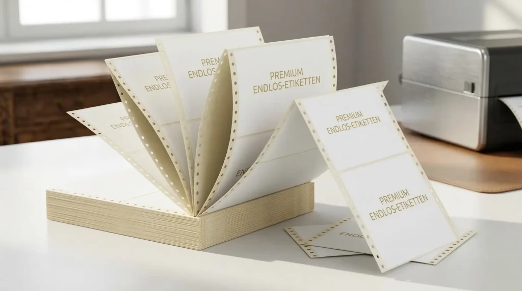 Gefaltete Endlos-Etiketten mit goldenem Aufdruck Premium Endlos-Etiketten fächerartig aufgestellt