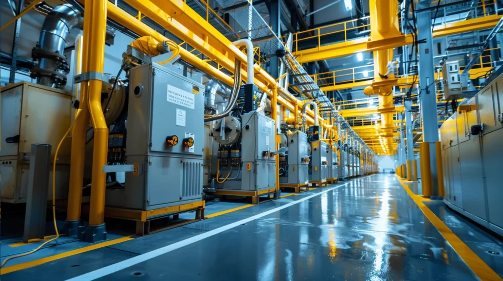 Elektrische Schaltschränke mit gelben Rohrleitungen in Energieversorgungsanlage