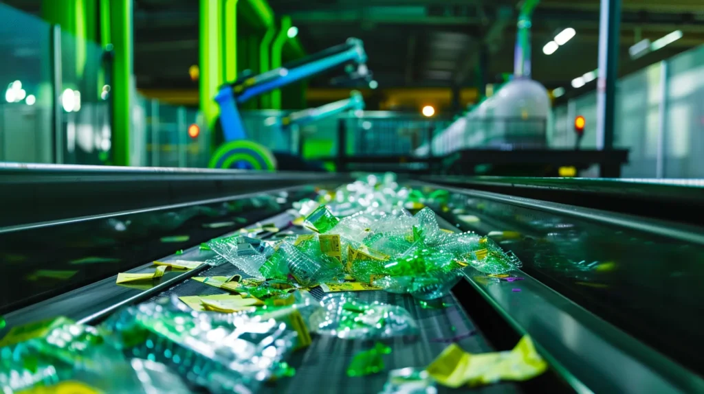 Zerkleinerte Kunststofffolien auf grünem Förderband mit Roboterarm in Recyclinganlage