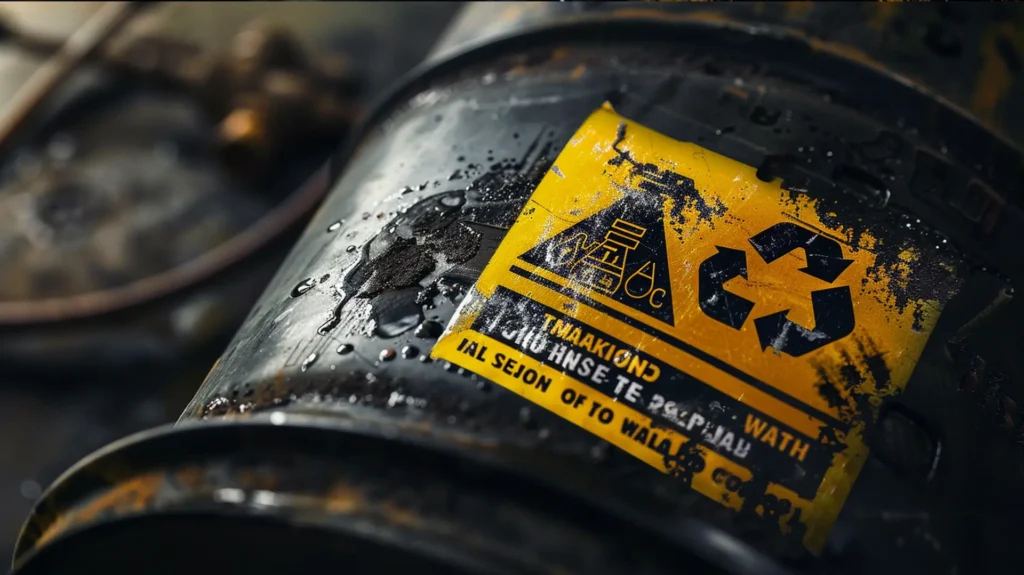 Schwarzes Ölfass mit gelbem Recycling-Warnaufkleber und Gefahrensymbolen – Entsorgung Recycling