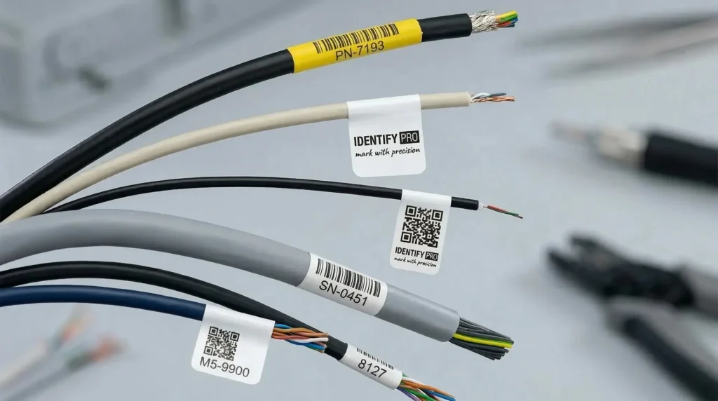 Verschiedene Kabel mit Fahnenetiketten mit Barcode, QR-Code und Seriennummer – Kabelbeschriftung