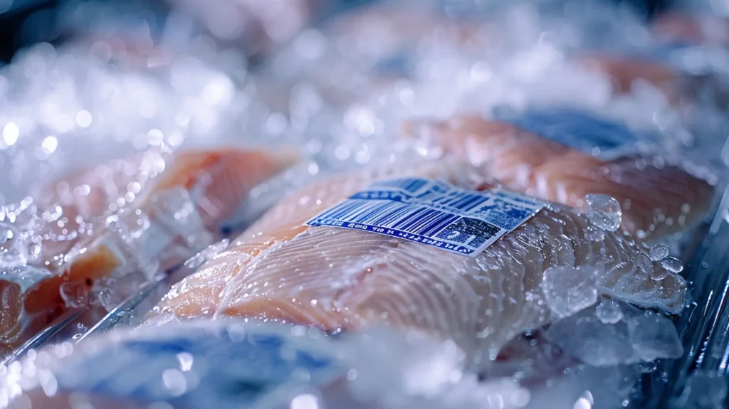 Frische Lachsfilets auf Eis mit blauem Barcode-Etikett – Etiketten Fischerei Aquakultur