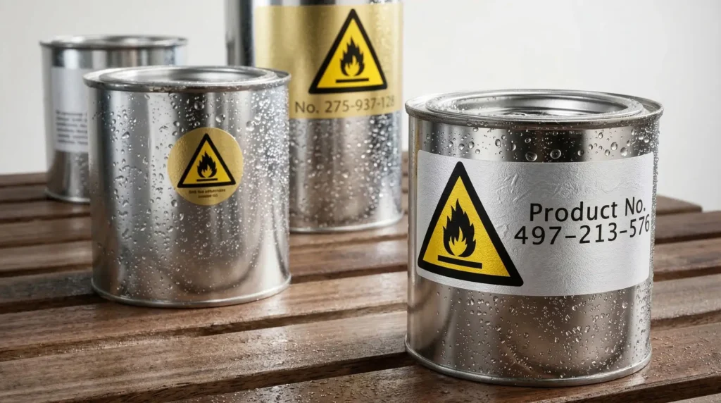 Silberne Farbdosen mit gelbem Flammen-Gefahrsymbol-Folienetikett auf Holzregal – Folienetiketten