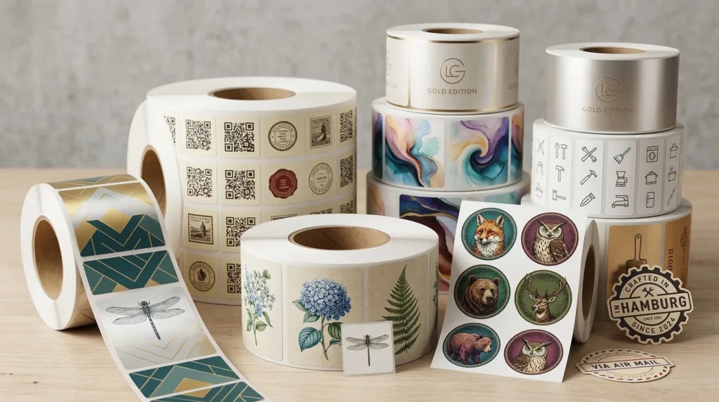 Mehrere Folienetiketten-Rollen mit bunten Tier- und Blumenmotiven sowie Gold-Edition-Aufschrift