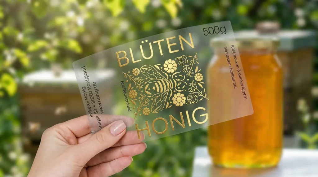 Transparentes Folienetikett Blüten Honig mit goldenem Bienenaufdruck vor Honigglas im Freien