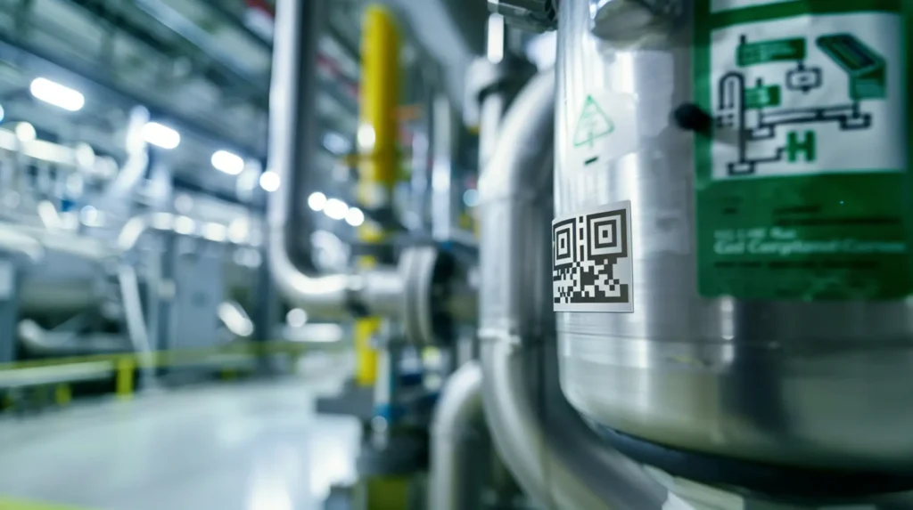 Edelstahlrohr mit QR-Code-Etikett und grünen Wartungsaufklebern in Industrieanlage – Facility Management