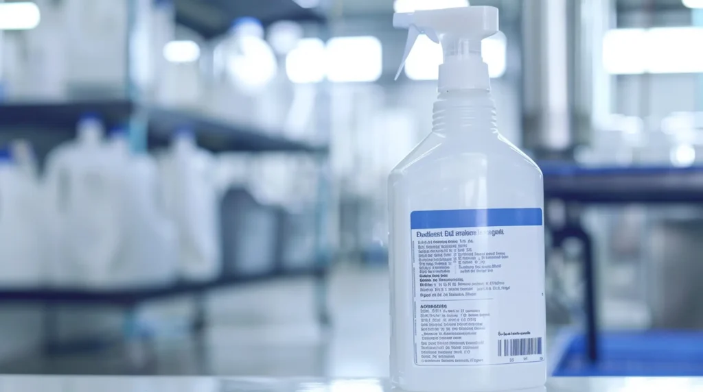 Reinigungsmittelflasche mit blauem Etikett und Barcode in Reinigungsgerätelager – Gebäudereinigung