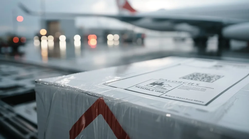Folienverpackte Fracht mit Gefahrgut-Etikett auf Flughafen-Rollfeld vor Flugzeug