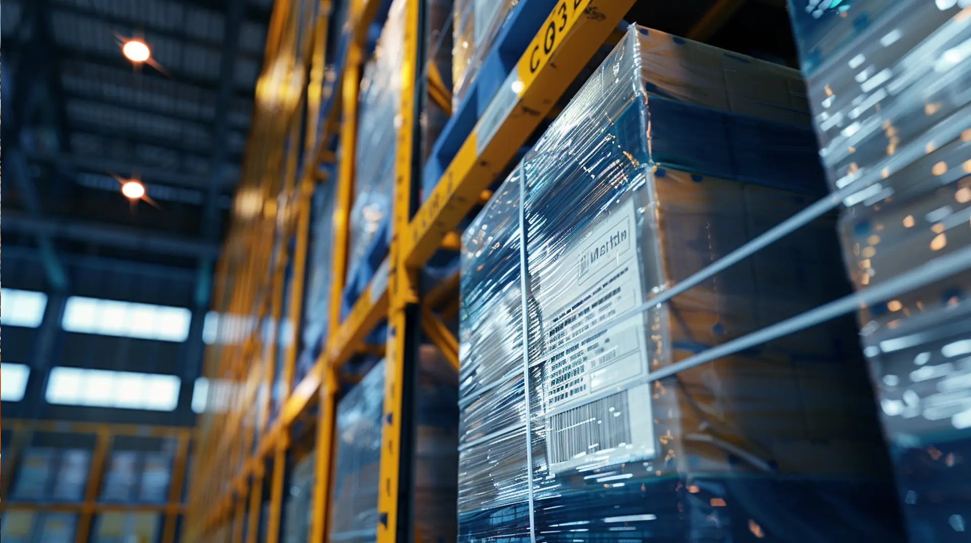 Folienverpackte Paletten mit Versand- und Gefahrgutetiketten in Hochregallager
