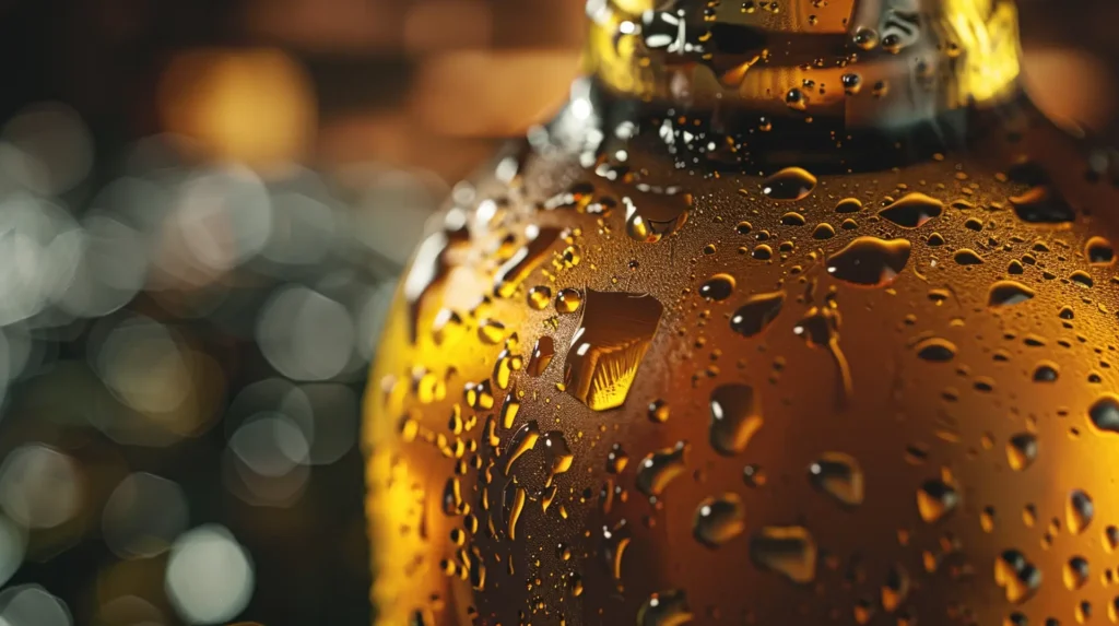 Nahaufnahme nasse braune Glasbierflasche mit Wassertropfen – Etiketten Getränkeindustrie