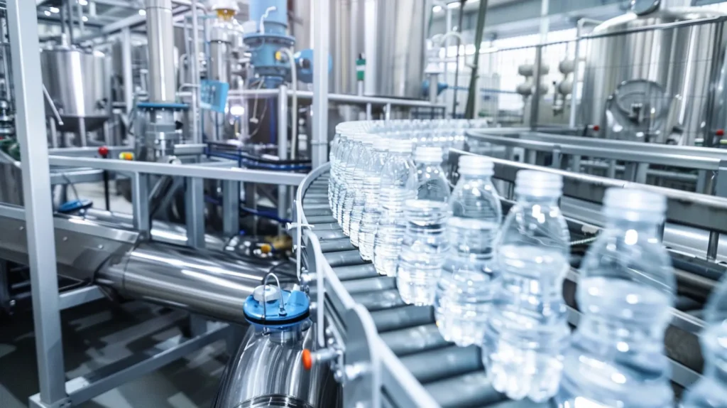 Klare Wasserflaschen auf Edelstahl-Förderband in Getränkeabfüllanlage