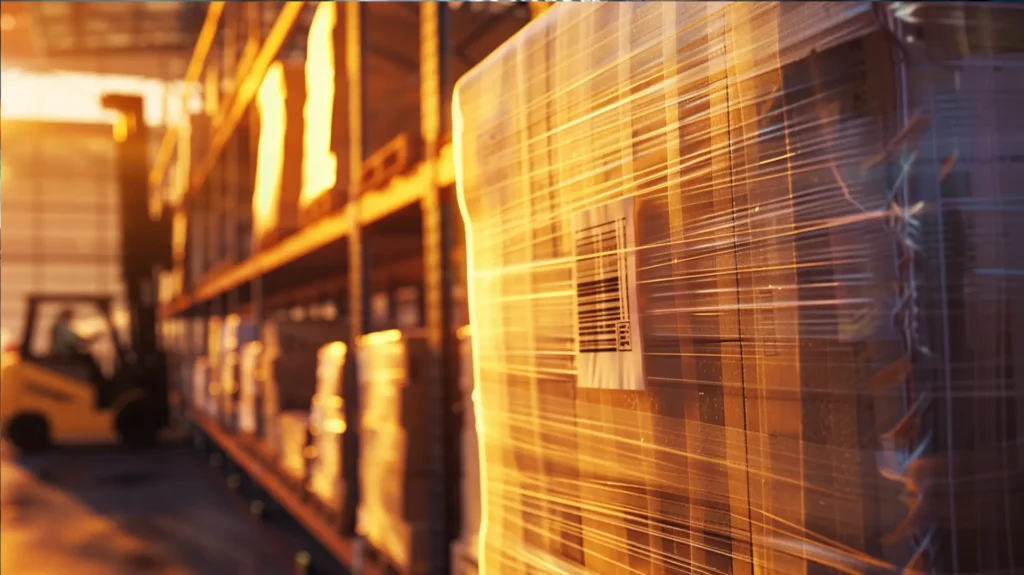 Folienverpackte Kartonpalette mit Barcode-Etikett in Hochregallager mit Gabelstapler – Großhandel