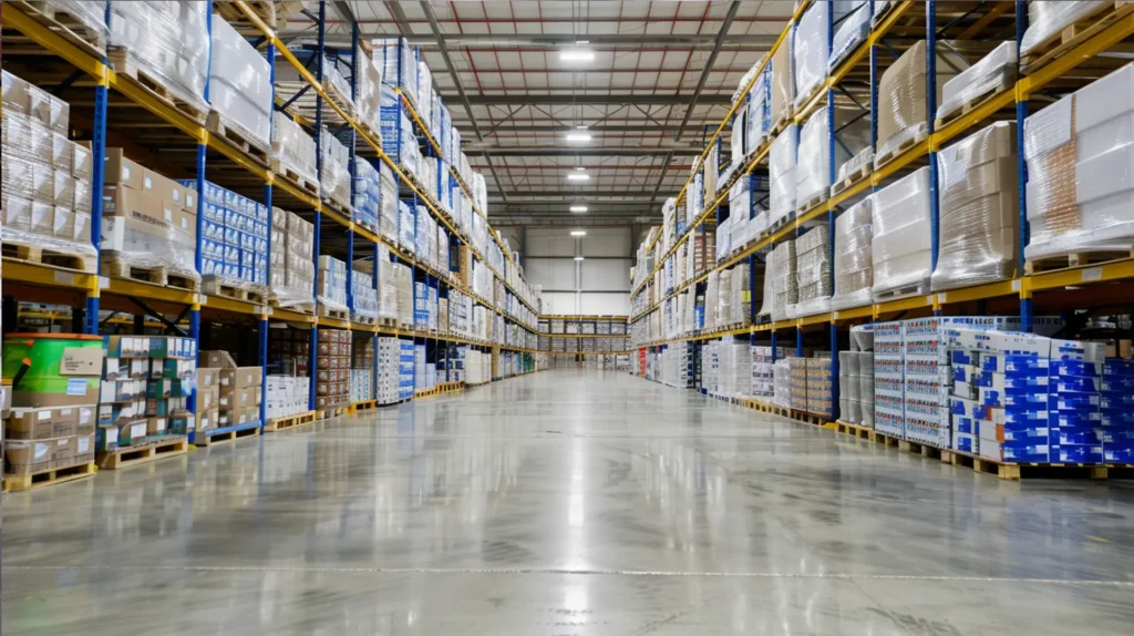 Weitläufiges Großhandelslager mit vollbestückten Palettenregalen unter hoher Hallendecke